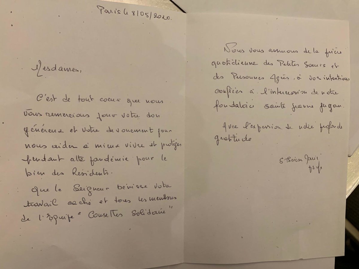 Remerciements des Petites Soeurs des Pauvres. 